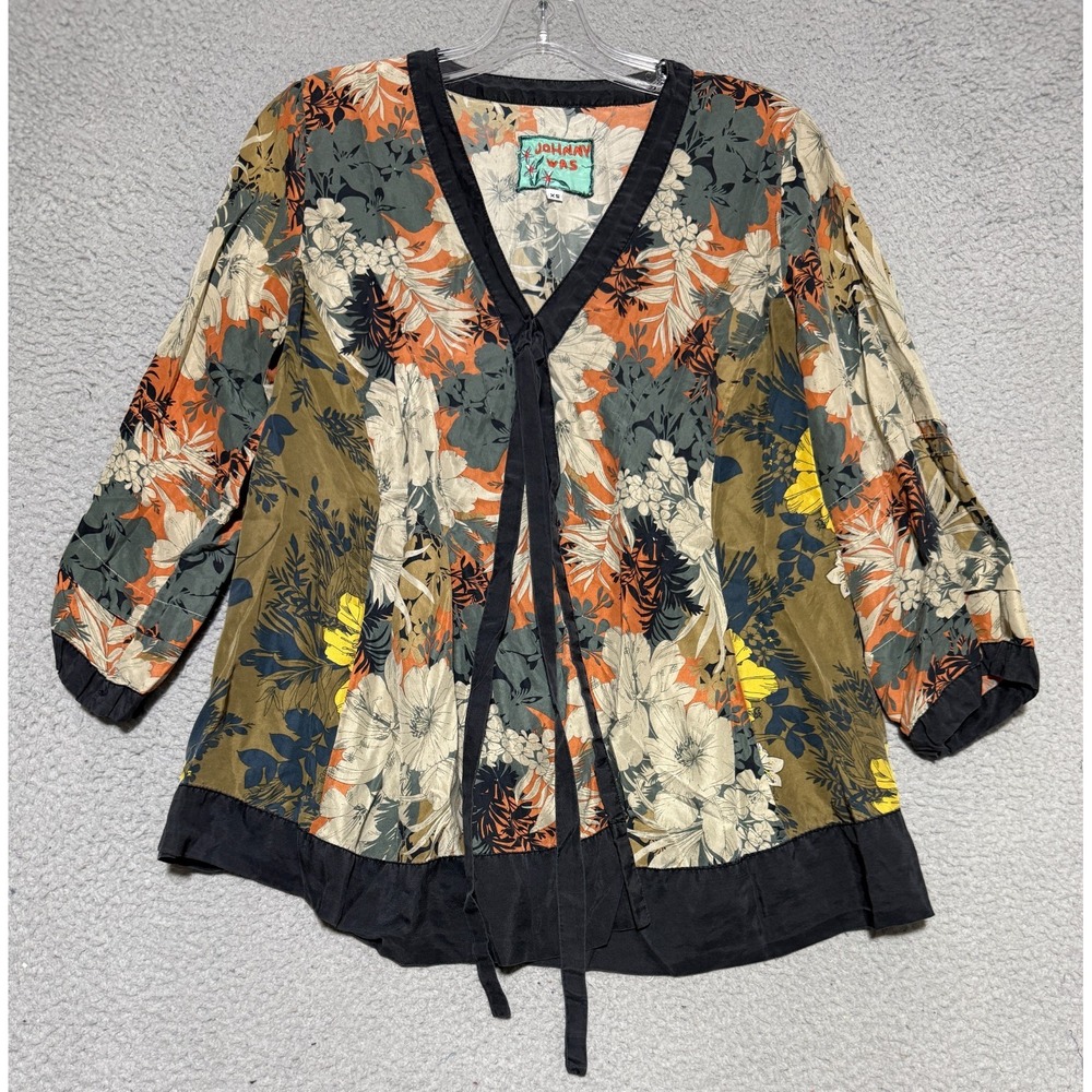 Johnny Was 100% Silk Kimono Floral Sheer Blouse Womens XS Boho